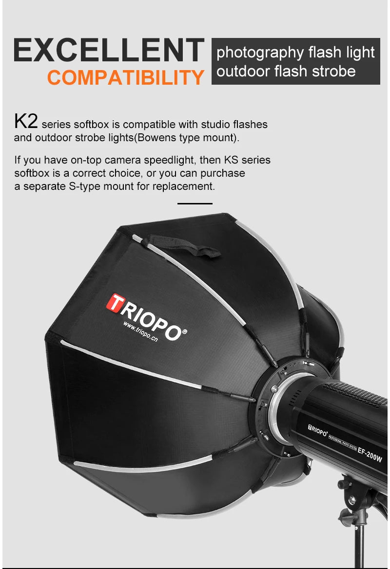 TRIOPO K90 – Softbox com Grelha e Montagem Bowens para luz contínua e Flash TRIOPO K90 – Softbox com Grelha e Montagem Bowens para luz contínua e Flash